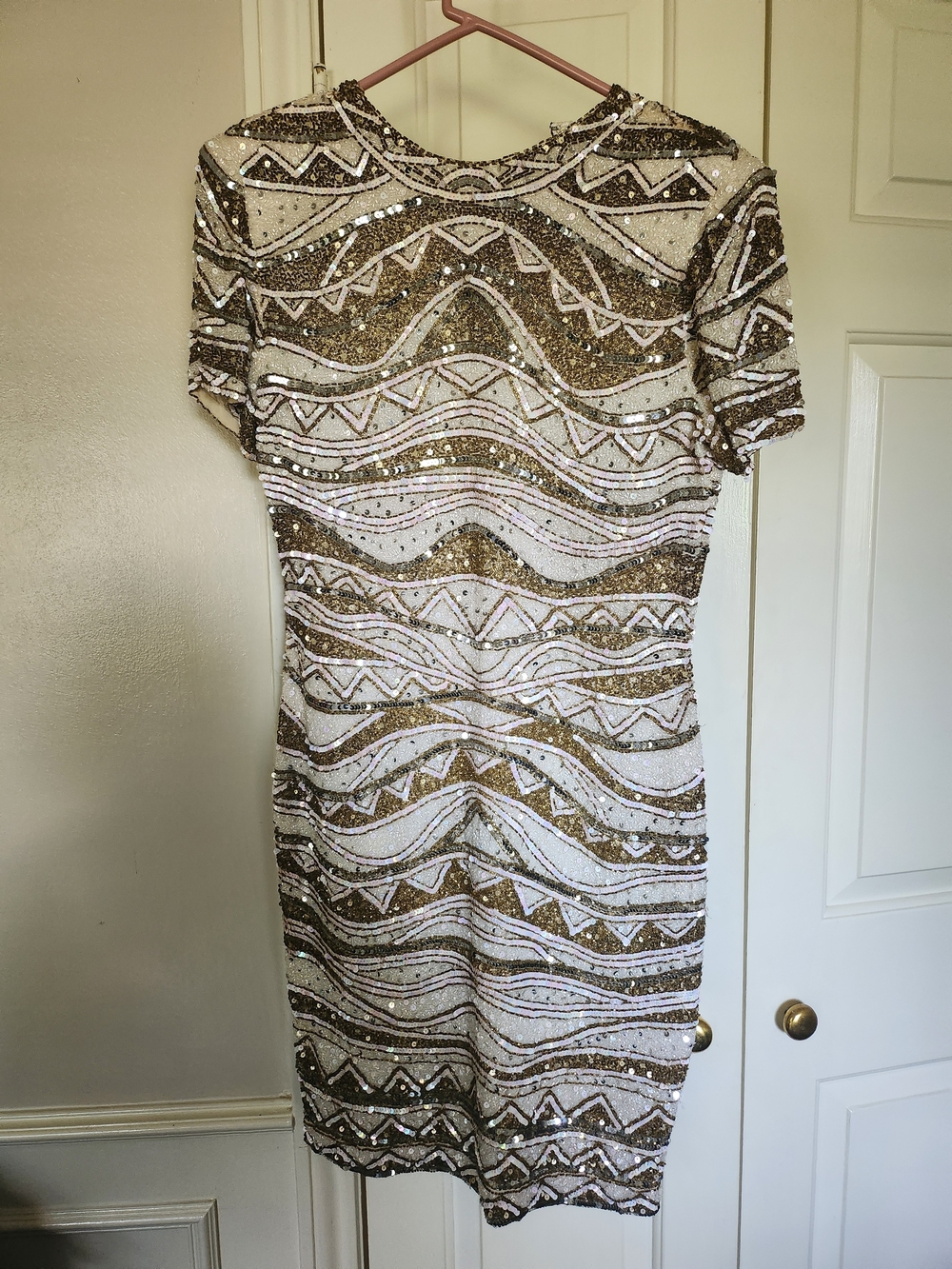 Vintage Bob Mackie Gold & White Sequin Short Sleeve Mini Dress